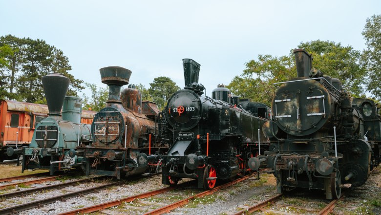 Strasshof Railway Museum, © Weinviertel Tourismus / Nadine Christine Old steam locomotives outdoors on rails at the Strasshof Railway Museum.