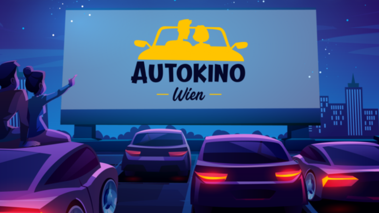 Illustration eines Autokinos in Wien bei Nacht mit Autos und einer gro&szlig;en Leinwand.