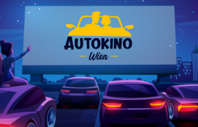 Illustration eines Autokinos in Wien bei Nacht mit Autos und einer gro&szlig;en Leinwand.