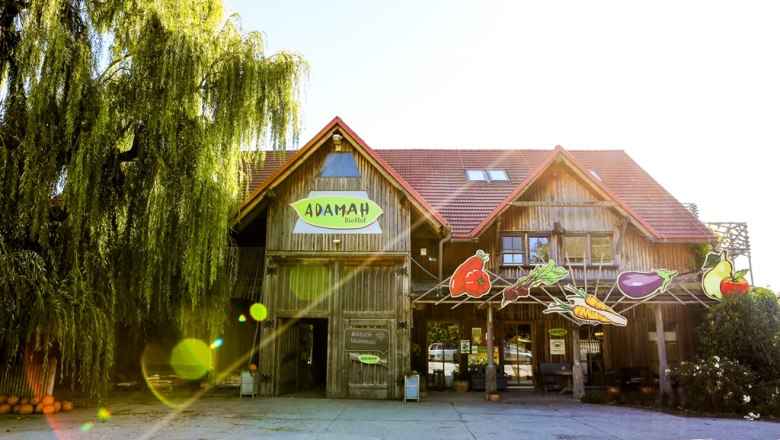 Holzgebäude des ADAMAH BioHofs mit Gemüsedekoration und Baum im Vordergrund.