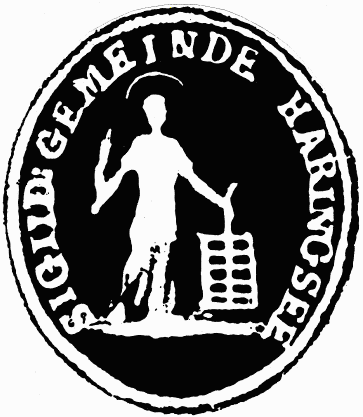 Old seal of the municipality of Haringsee with a standing figure and a grille.