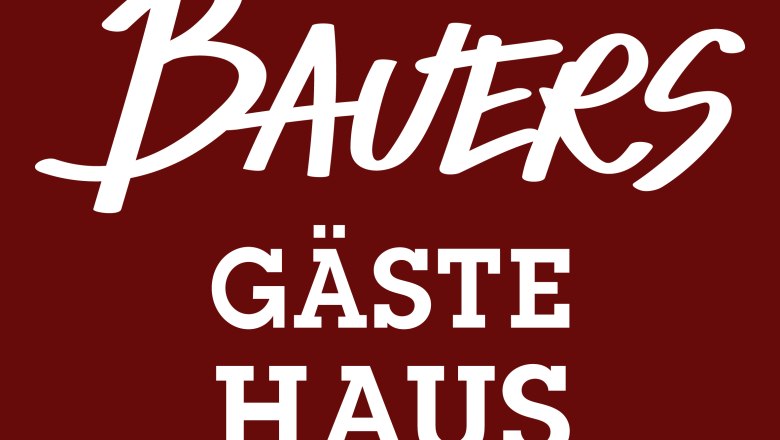 Logo mit dem Text 'Bauers Gästehaus' in Weiß auf dunkelrotem Hintergrund.