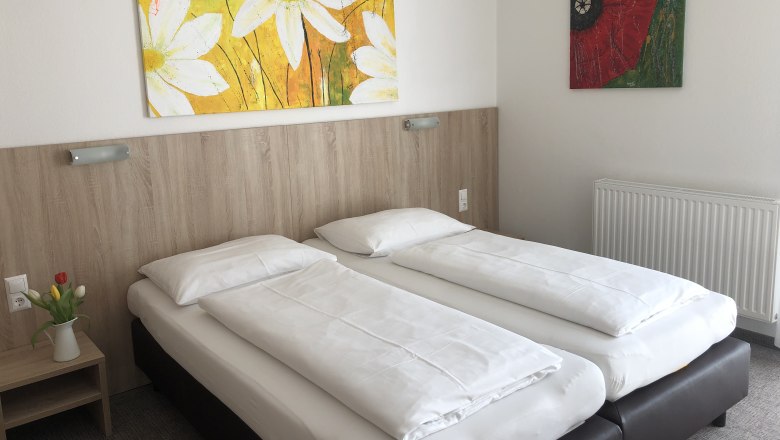 A simple hotel room with two single beds, a bedside table with flowers and two colorful paintings on the wall.